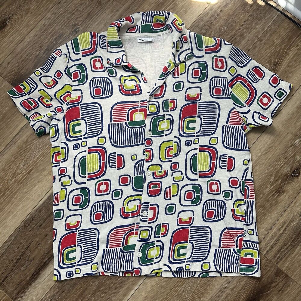 ZARA Mens Knit Short Sleeve Button Down Shirt Med Retro Geometric Abstract Art